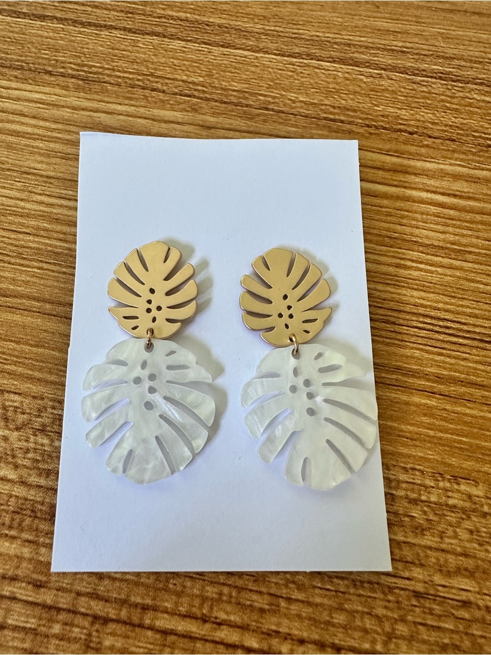Gold and Pearl Monstera Leaf Drop Earrings - Women Jewelry Tiki Pinup